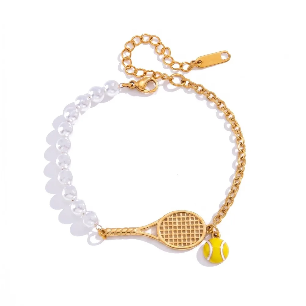 Metal Chain Tennis Racket Bracelet 18K Gold Plated Stainless Steel Tennis Racket Open Bangle Retro Vintage Rhinestones Bracelet