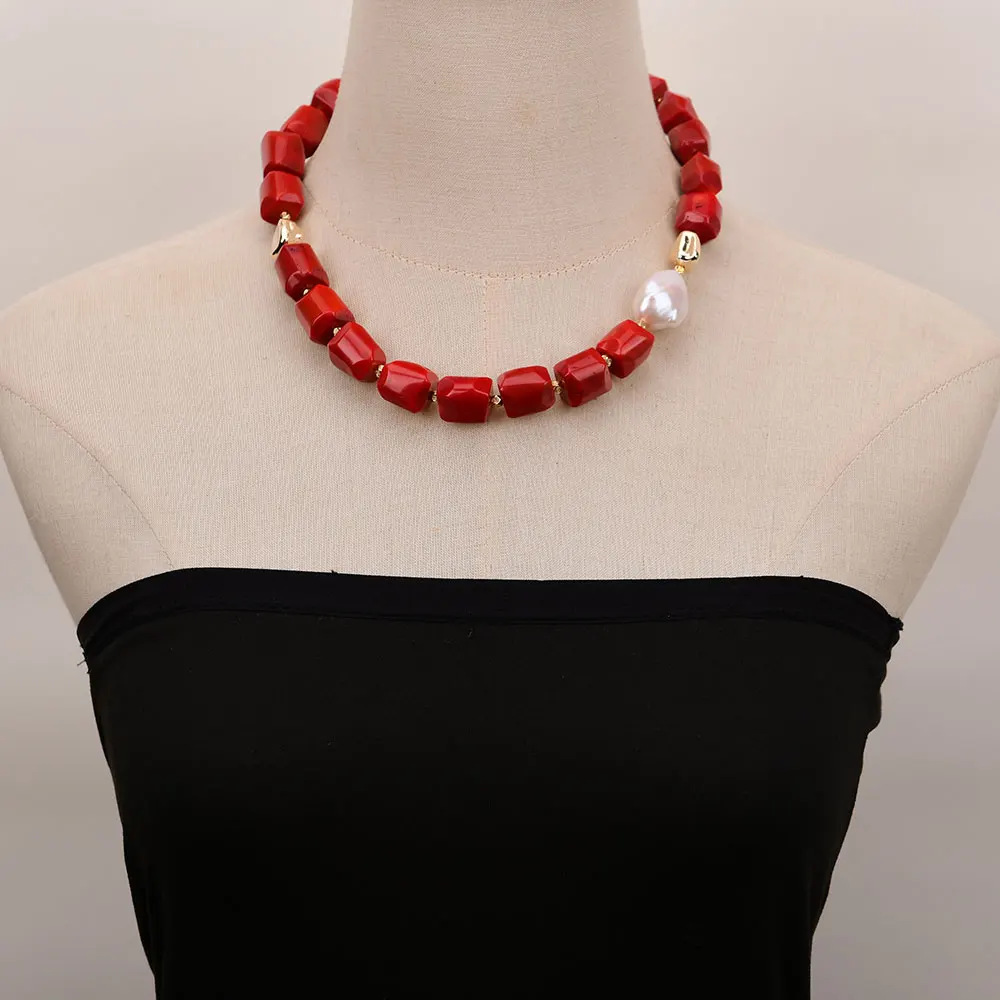 G-G Cultured White Baroque Pearl Freedom Red Coral Irregular Nugget Beads Necklace