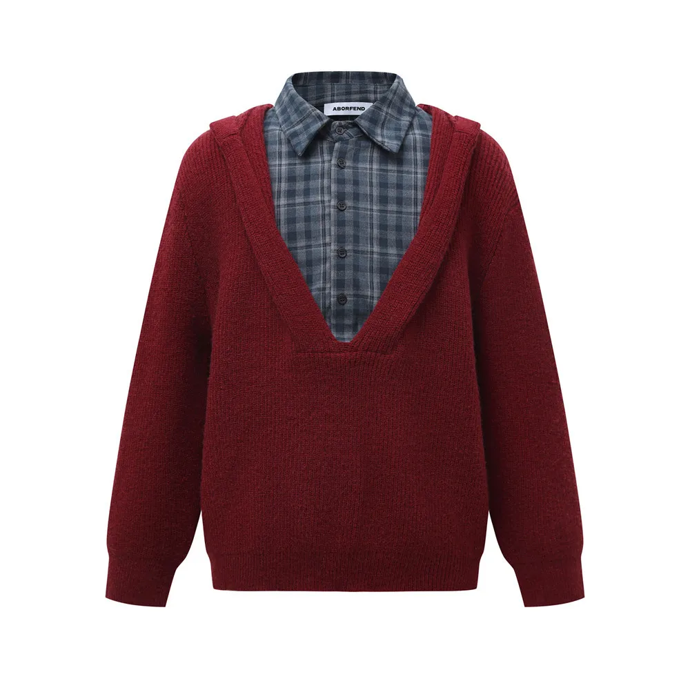 Maglione con cappuccio a quadretti a blocchi di colore falso in due pezzi Uomo Donna Autunno Inverno Casual Colletto della camicia allentato Maglione lavorato a maglia