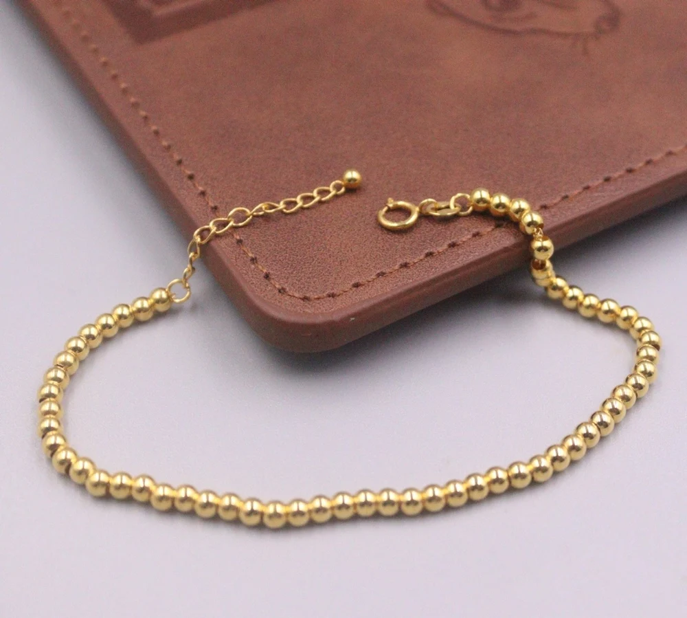 Real Pure 18K Yellow Gold Chain Women 3mm Smooth Glossy Beads Link Bracelet 2.1-2.3g