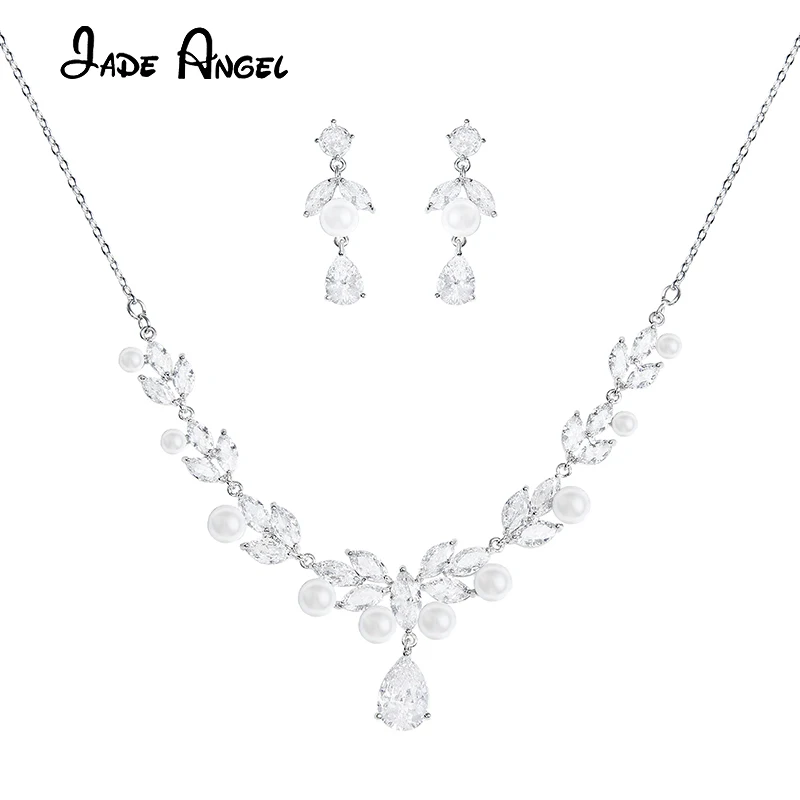 

Нефритовый Ангел роскошный кубический цирконий Свадебные Ювелирные наборы женское ожерелье в форме листа из искусственного жемчуга и Фото Подарки