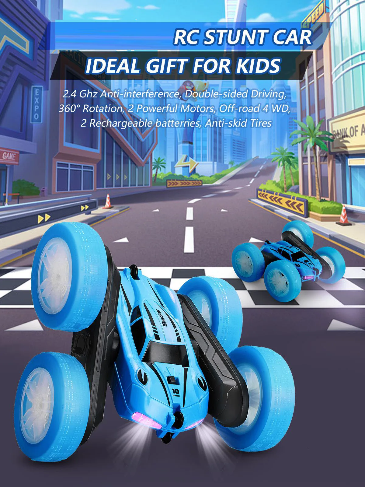 2.4G Double Sided RC Stunt Car 360 Degree Flip Rotating Remote Control Car with Light 2 Rechargeable Batteries Blue