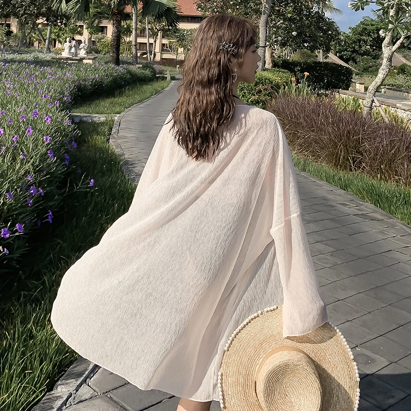 

Summer New Sle Bali Beach Vaion Cover up Lightweight Pleated Chiffon Open Cardigan Women's Midi Loose Sun Protection Clo...