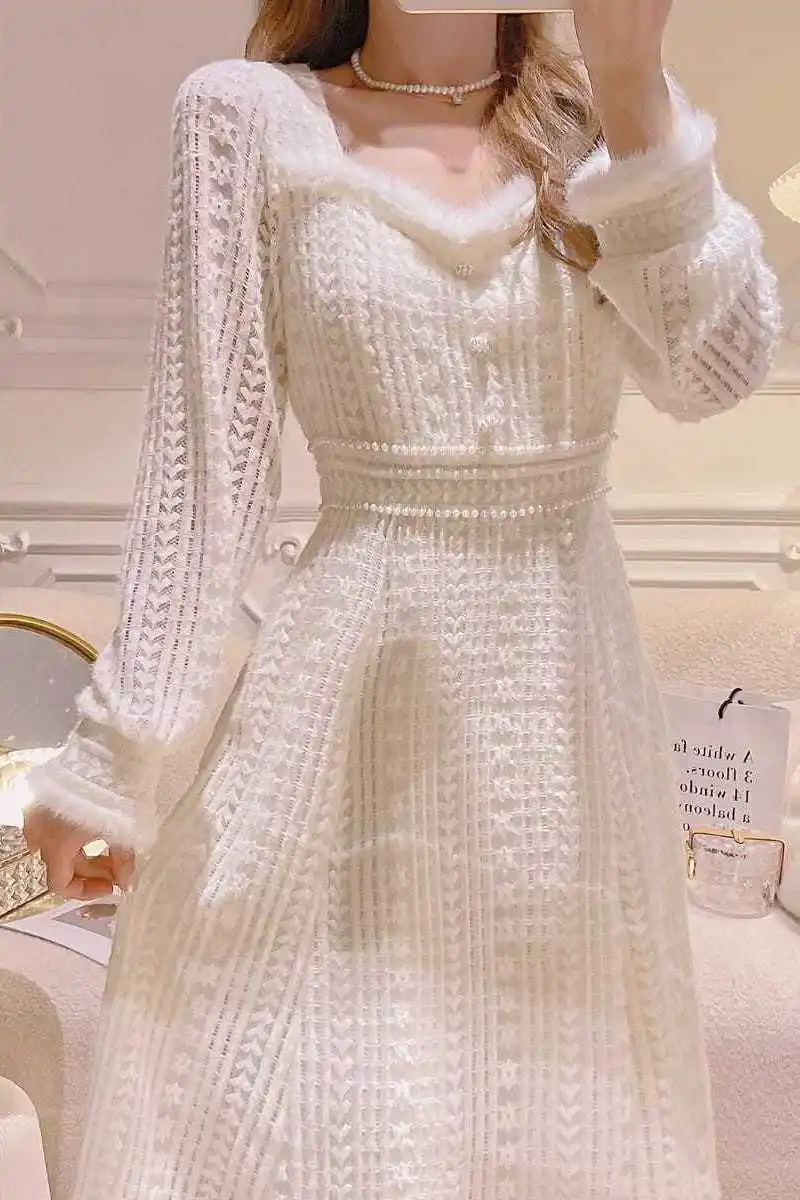 Outono inverno estilo francês vestido de fadas para mulheres elegante renda fino ajuste vestido longo camada interna princesa estética deusa olhar