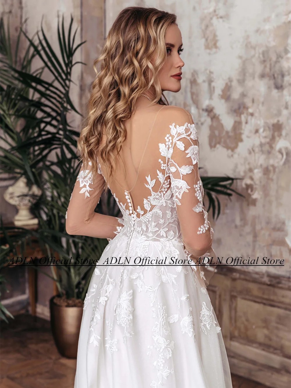 Abiti da sposa Sexy Boho per la sposa abito da sposa a maniche lunghe con scollo tondo Applique senza schienale con spacco a fessura abito da sposa Robe De Mariee