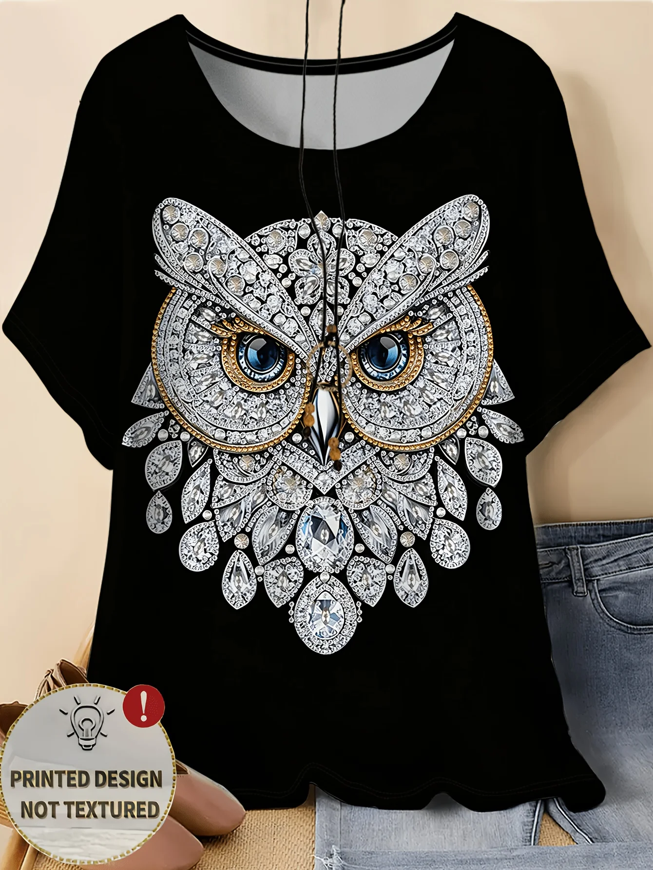 Women Round Neck Short Sleeve T‑shirt Sparkling Rhinestone Style Owl Graphic Print Loose Casual Daily Tee Top Women's Clothes