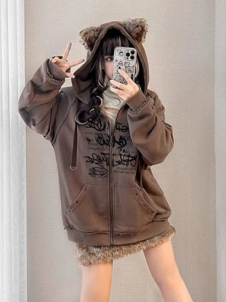 Kawaii Harajuku Casual Ears Hoodies Women Y2k Aesthetic Loose Letter Print Vintage Coats Streetwear Zipper Grunge Sweatshirts