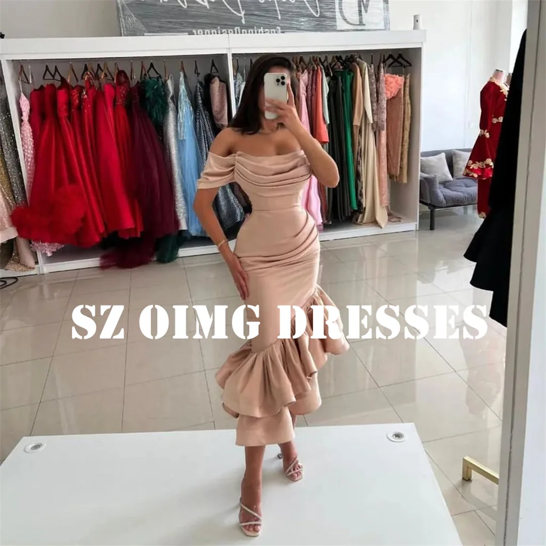 

OIMG New Desig Short Sleeve Off Shoulder Prom Dresses Ruffles Mermaid Saudi Arabic Women Zipped Evening Gowns Formal Party Dress