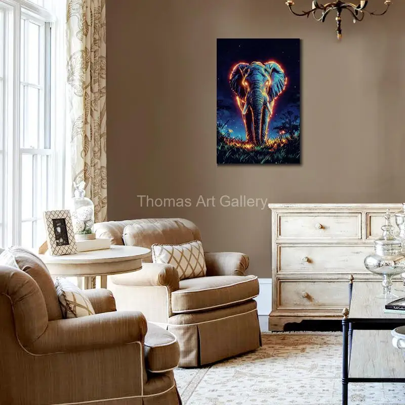 Large Glowing Blue Flame Elephant Canvas Print Abstract African Wildlife Animal Wall Art for Living Room Bathroom Modern Decor