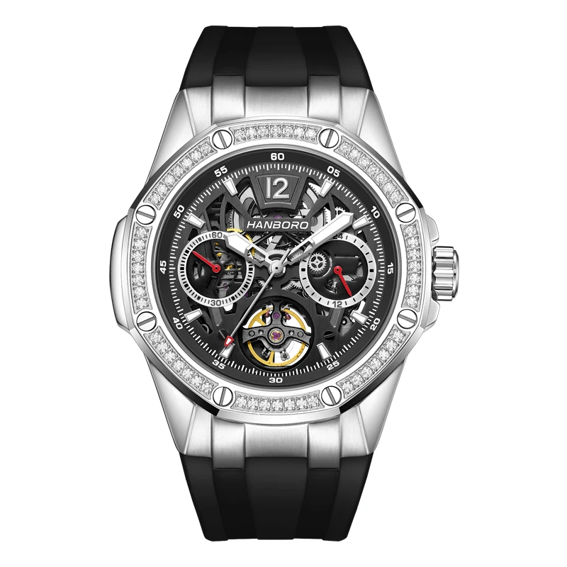 

HANBORO Men's Hollow Flywheel Fashion Fully Automatic Mechanical Watch Night Light Waterproof Watch