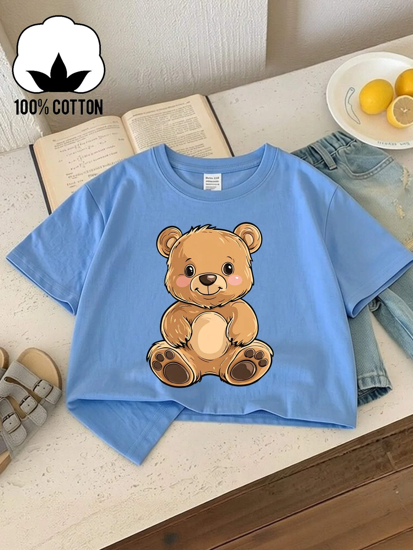 Cute Teddy Bear Printed Pattern Design for Children, Summer Street Round Neck T-shirt, Casual and Fashionable Parent Child Wear