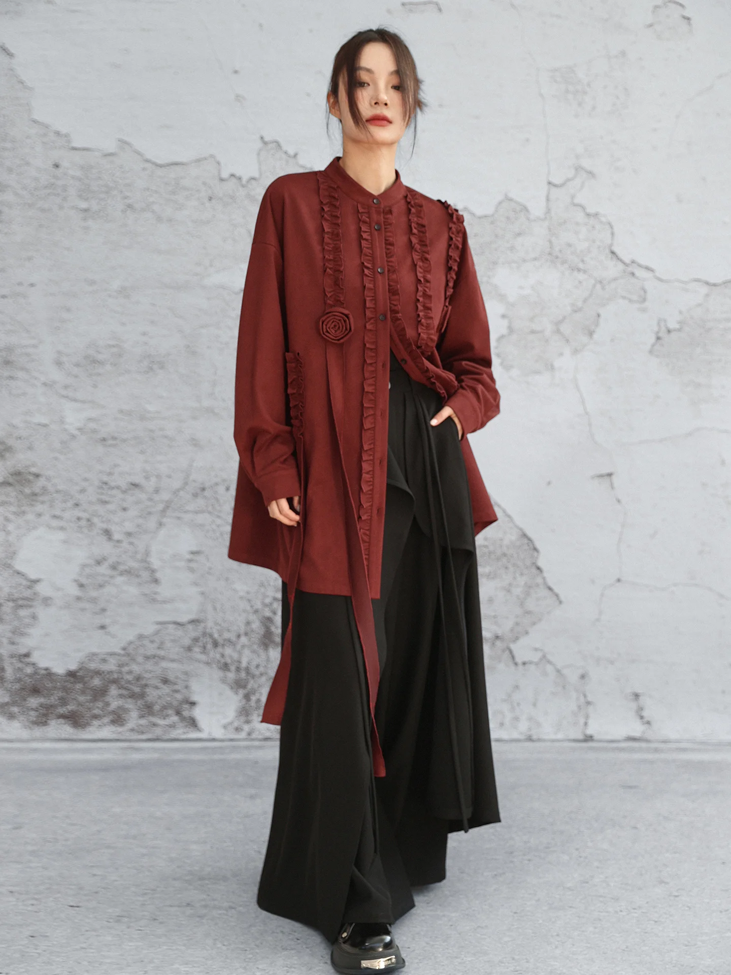 

Red Suede Velvet irt Women's Loose Fit Long Sve Rose Wood Ear Decorative Winter Vintage Sle Faion Ladies' Blouse