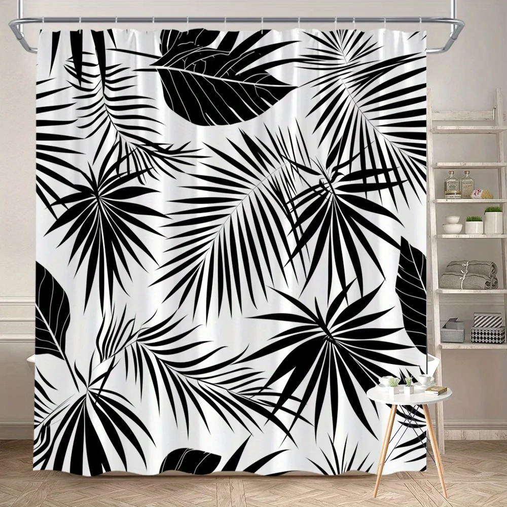 

1 занавеска для душа с черным пальмовым листом — белая бесшовная простая ботаническая занавеска, полиэфирная ткань, можно стирать в машине
