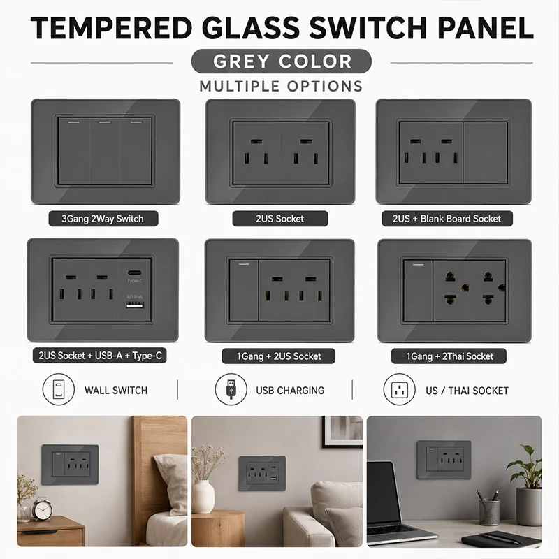 118x75mm Grey Tempered Glass Wall Switch Socket Panel US Mexico Thai USB C CAT5 CAT6 TV Telephone Modular Outlet for Home Office
