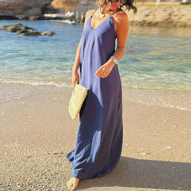 Summer Fashion Solid Sleeveless Long Dress Sexy Sling V Neck Boho Dresses For Women Casual Holiday A-Line Backless Beach Dresses