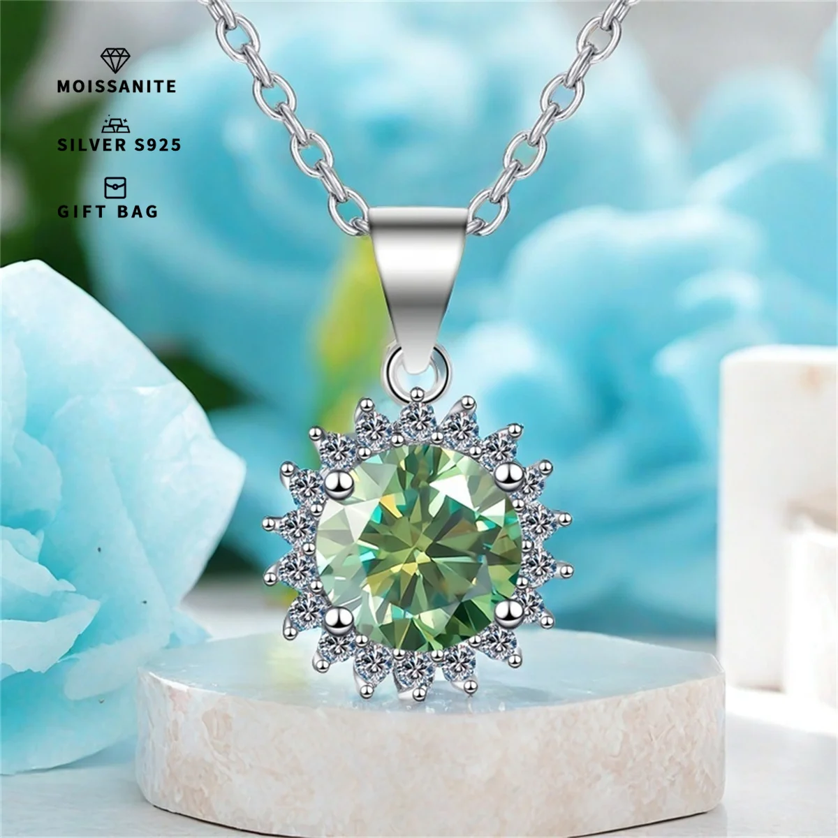 Light green Sunflower GRA moissanite Pendant S925 silver Platinum plating Charm Party Wedding Pendants Necklace Women Jewelry