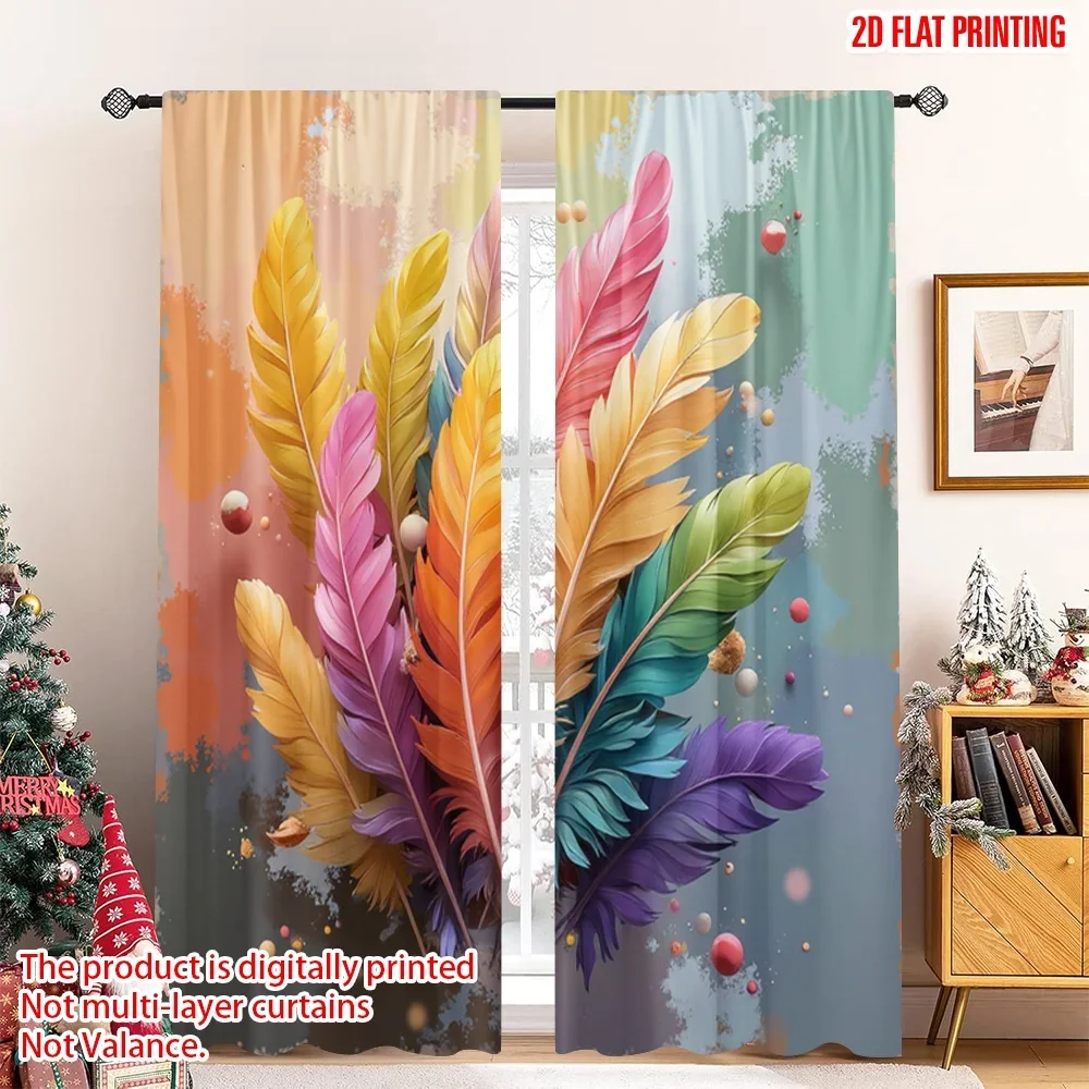

2pcs 2D flat printing Window Curtains Vibrant Feather Digital Printed Polyester Drapes Party Decorations Perfect for Holiday