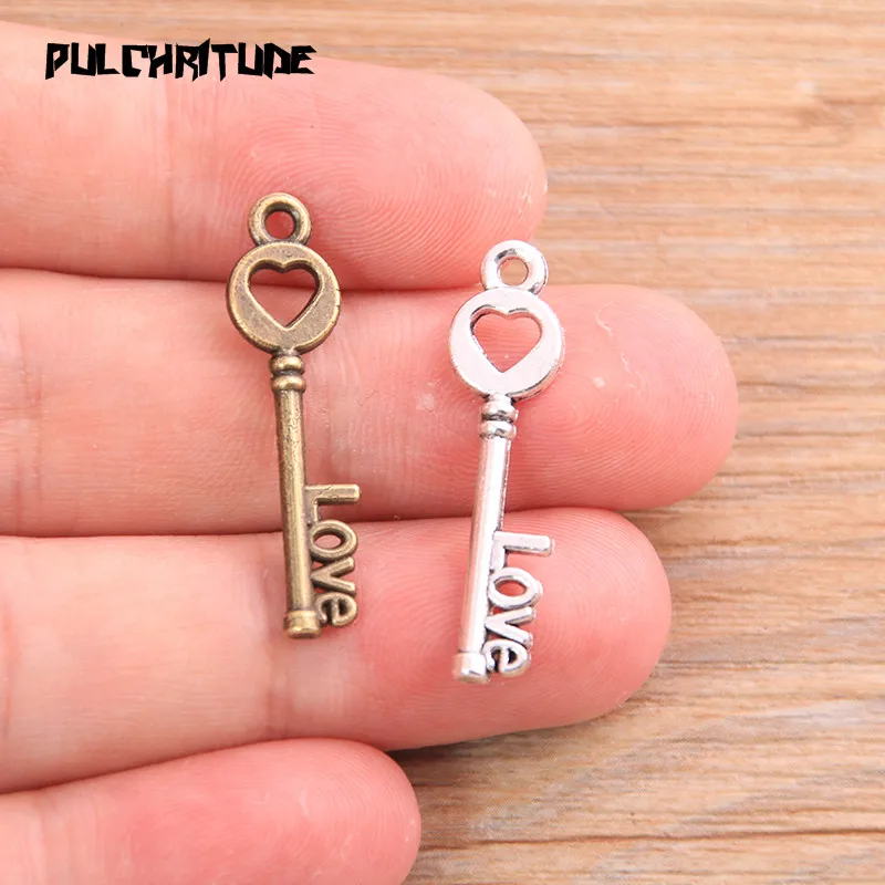 20pcs 9*30mm 2020 New Two Color Love Key Charms Heart Pendants Handmade Decoration Vintage For DIY Jewelry Making