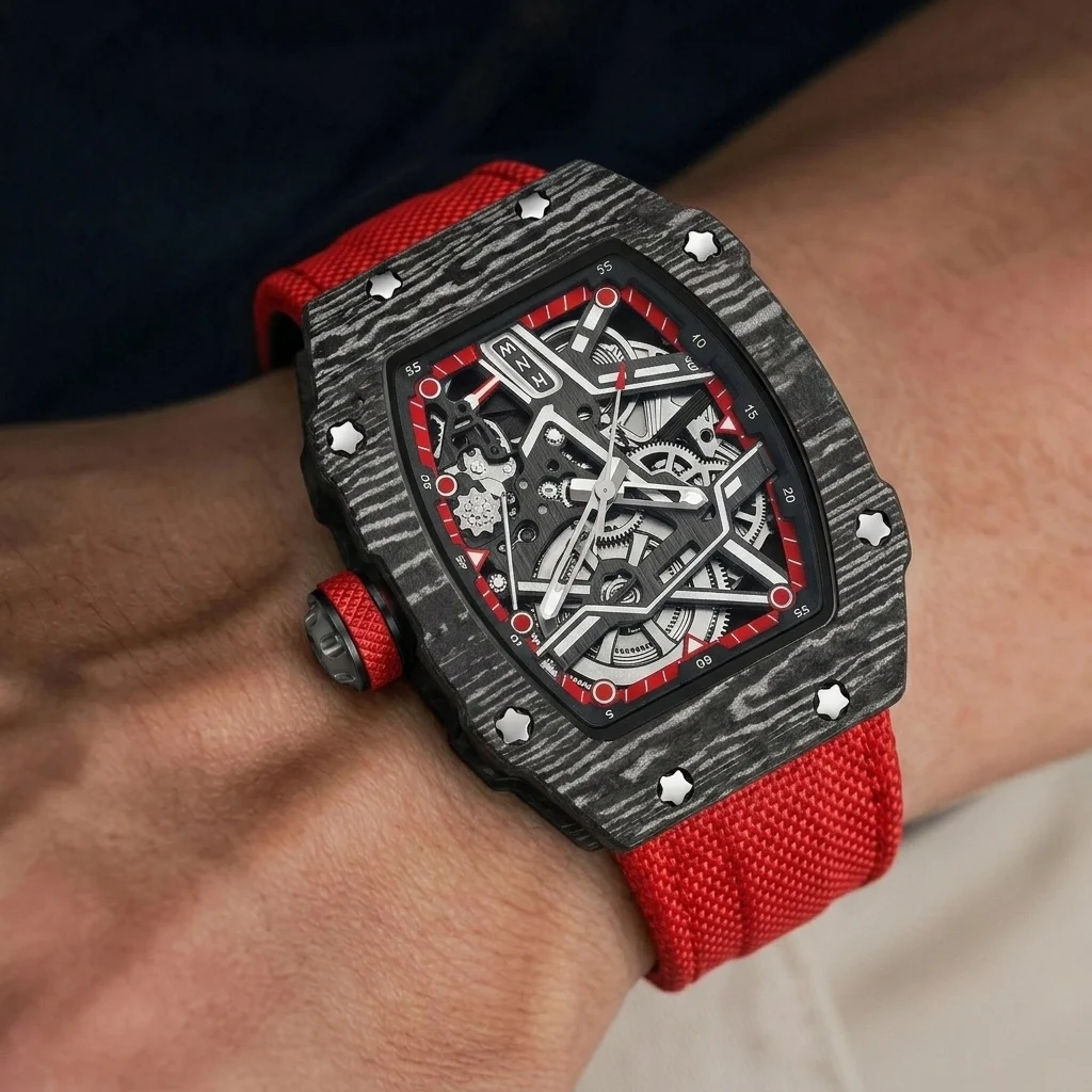Red Black Striped Quartz Watches Men Pattern Nylon Unique Ultra-thin Tonneau Barrel Decorative Dial Distinctive Male Clock Reloj