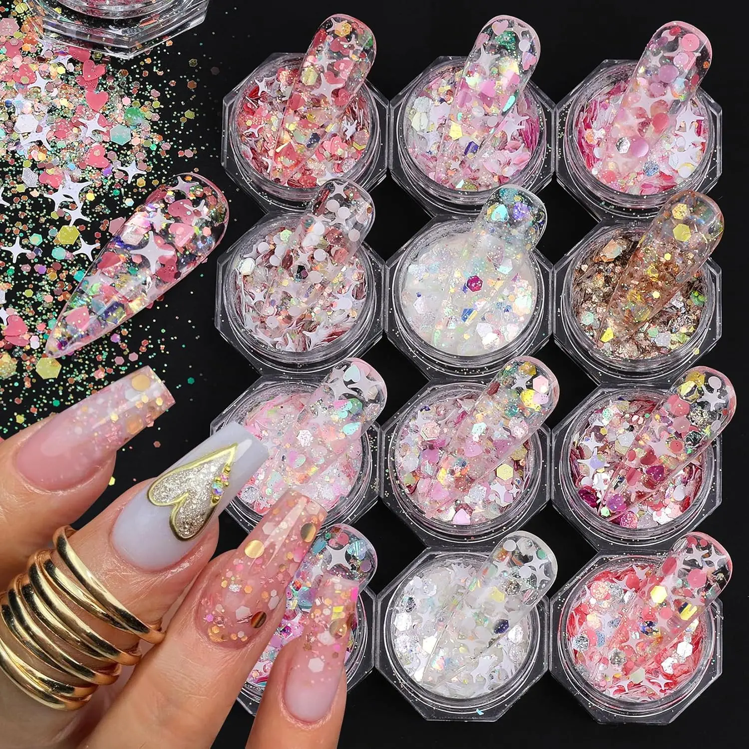 

Pink Nail Glitter Flakes Sequins 12 Boxes Sparkles Mixed Nail Art Set with Star Hearts Hexagon Holographic for DIY Manicure