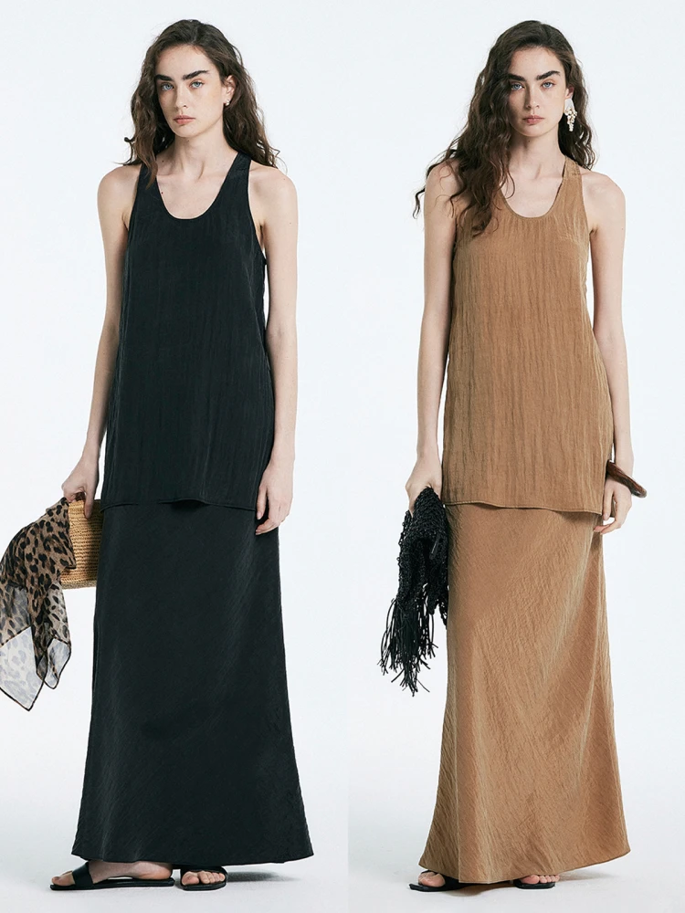 

Thoransaura Casual Long Silk Fish Tail Vest Skirt Set Women's Summer Fashion Two-Piece Set Comfortable Drapey Leisure Wear