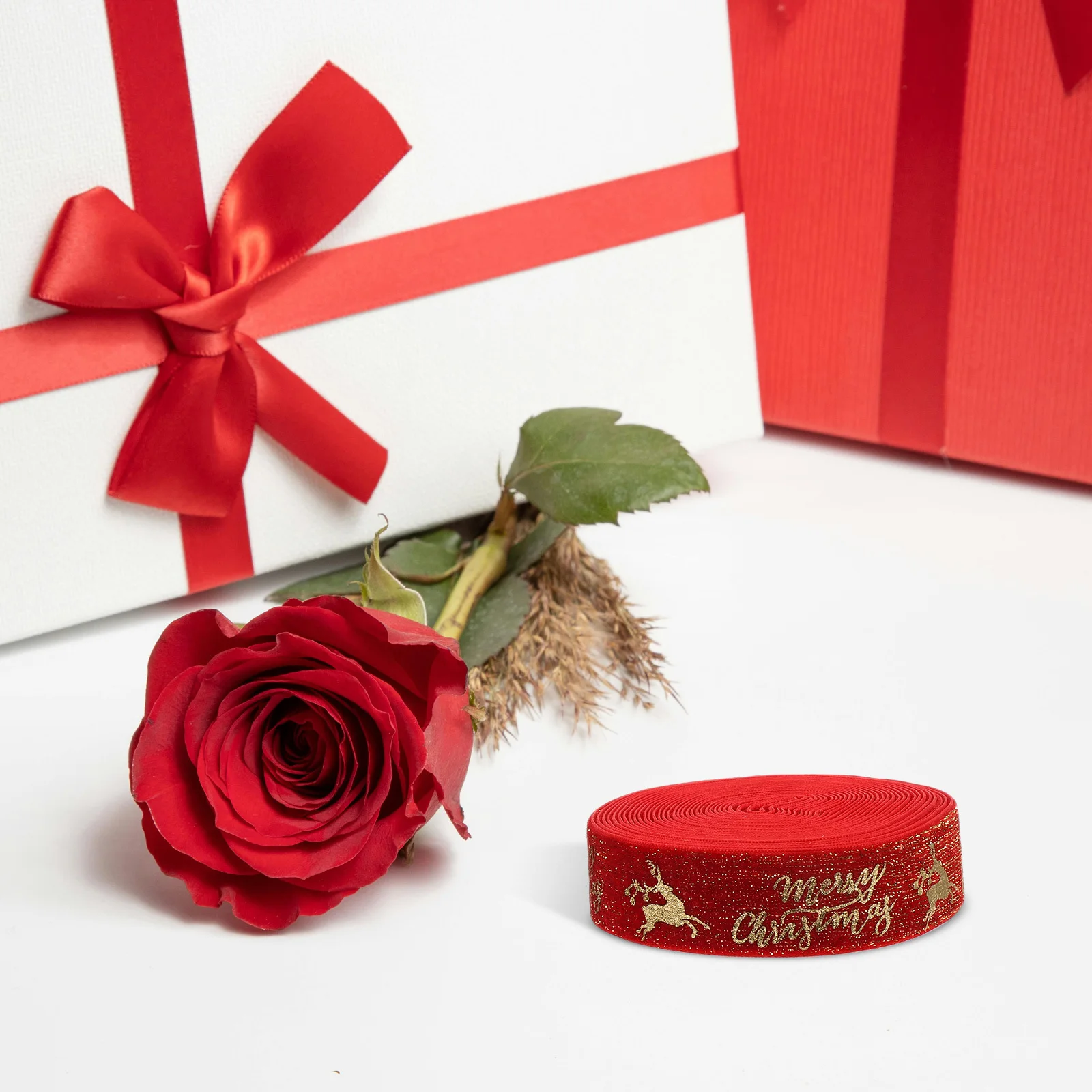 

2Pcs 5 Yard Flocked Gold Foil Wired Ribbon - Premium Christmas Wrapping Craft for Bows Gifts Tree Topper Wreath Decoration