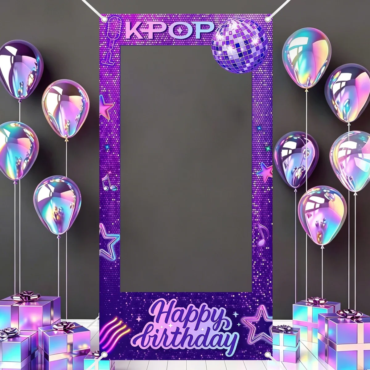 1 Stück Lila K-POP Fotorahmen-Hintergrund mit Happy Birthday Muster aus Polyester für K-POP Themen-Geburtstagsfeiern – Detail 3