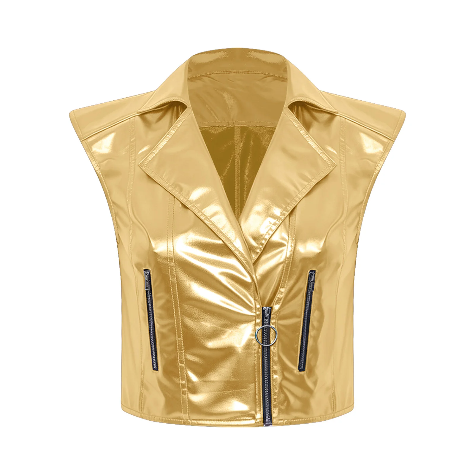 Men Jazz Dance Vest Jackets Metallic Shiny Club Notched V Neck Front Ziper Sleeveless Waistcoat Stylish Punk Motorcycle Tank Top