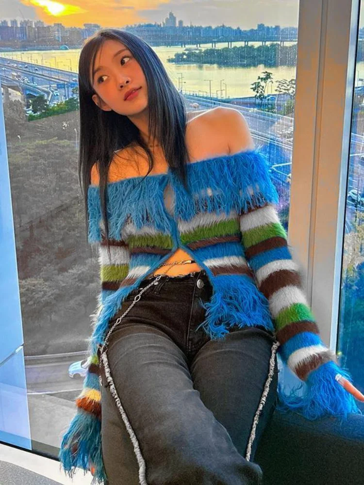 Y2K Aesthetic Blue Striped Contrast Color Knitted Carigan Slash Neck Women Cardigan Tassel Patchwork Off Shoulder  Sweaters