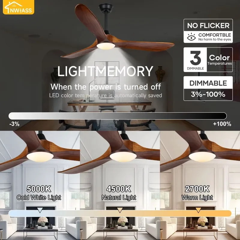 60 Inch Modern Ceiling Fan With Light DC Motor Solid Wood Blades Remote Control Large Outdoor Hotel Decor Quiet Airflow Large