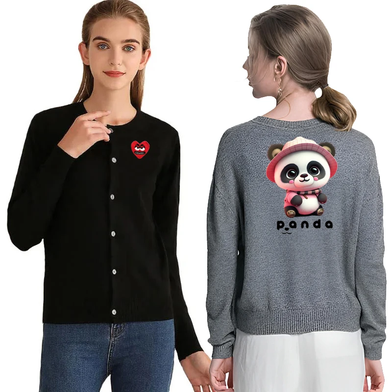 Pink Cute Panda Printing Women Cardigan Cotton Cute Snag Heart Embroidery O-Neck Single Breasted Long Sleeves Autumn Fit Sweater