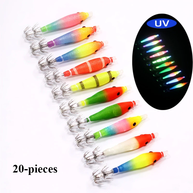 20pcs/pack 7cm Cloth Roll Glow UV Blowing Tube Fishing Octopus Jig Hook Wood Shrimp Bait Pesca Fishing Explosion Hook Squid Hook