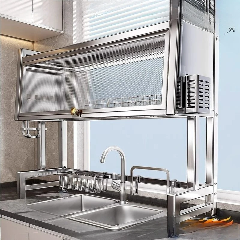 

Stainless steel, top, dishes, cupboards, sink, dustproof, shelves, kitchen, drain