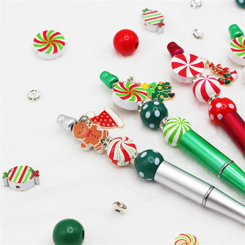 6/8/9PC Christmas Snowman DIY Jewelry Candy Gingerbread Beaded Ballpoint Pen Beads Ribbon Set Handcrafted Kit Holiday Xmas Gifts