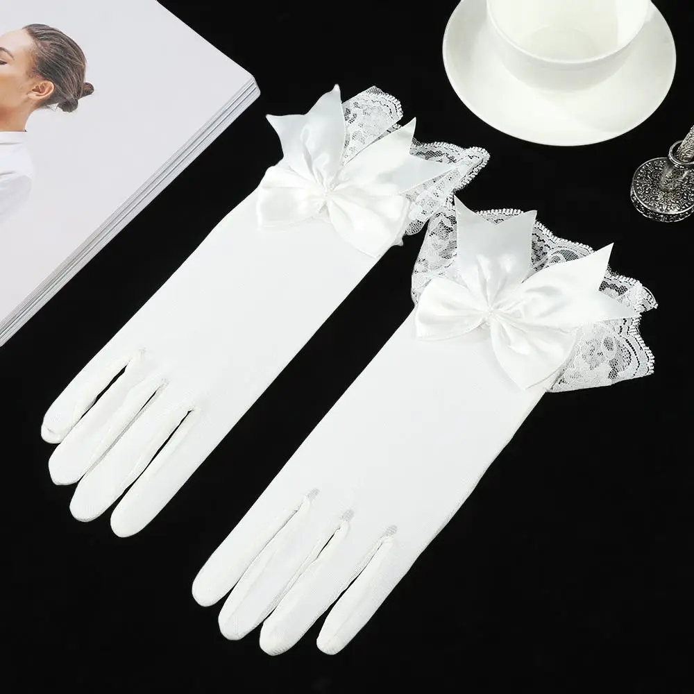 Marriage Party Chiffon White Bride Mittens Bow Driving Gloves Lace Gloves