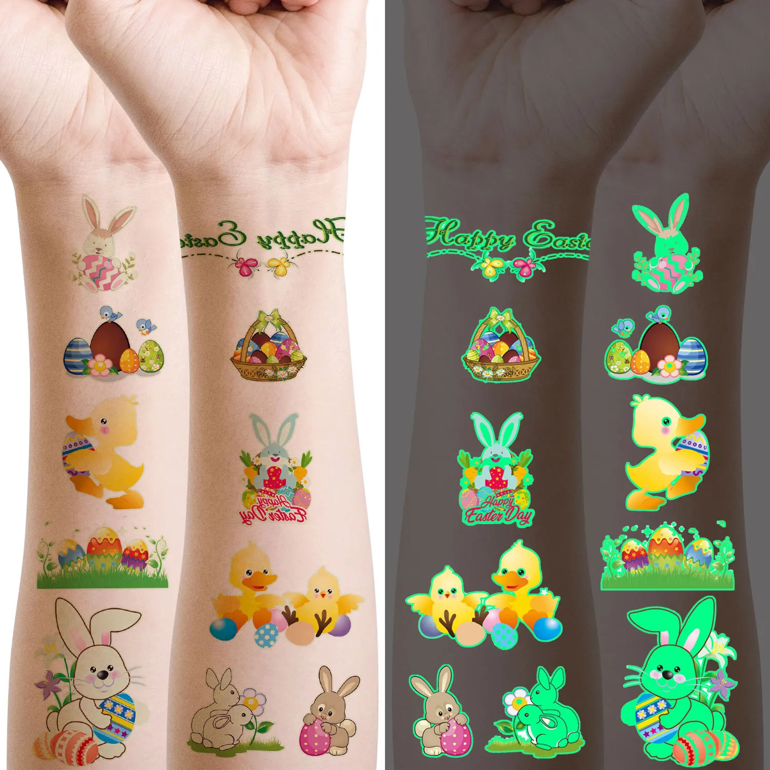 

10Pcs(120 Patterns) Easter Cartoon Pattern Luminous Temporary Tattoo Stickers,Easter Day Gift Decoration Glow In The Dark Tattoo