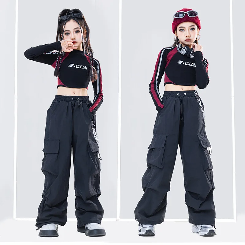 Jazz Dance Wear Kids K-pop Stage Outfits Girl Clothes Letter Print Long Sleeve Exposed Navel Black Top Loose Pants Costumes