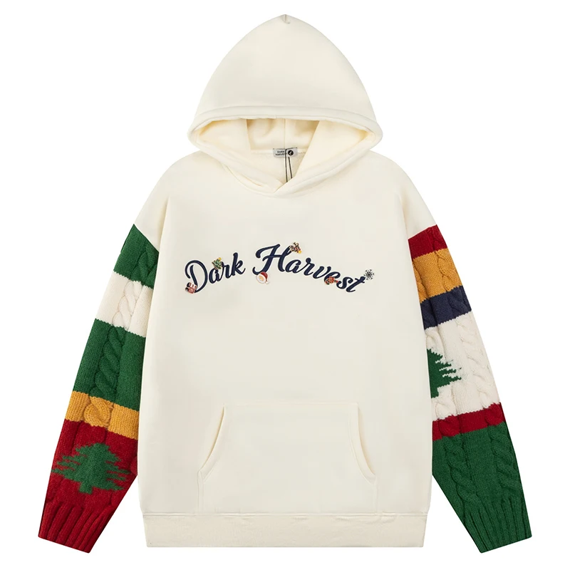 

Autumn Mens Christmas Pullover Hoodies Hip Hop Knitted Patchwork Sleeve Tracksuit Streetwear Harajuku Casual Hooded Sweatshirts