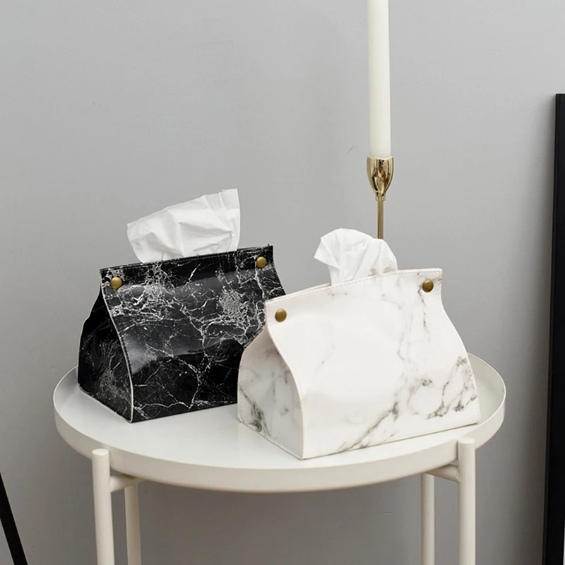 PU Leather Tissue Case with Marble Pattern, Napkin Holder, Paper Bag Container, Cosmetic Organizer Pouch, Table Decoration