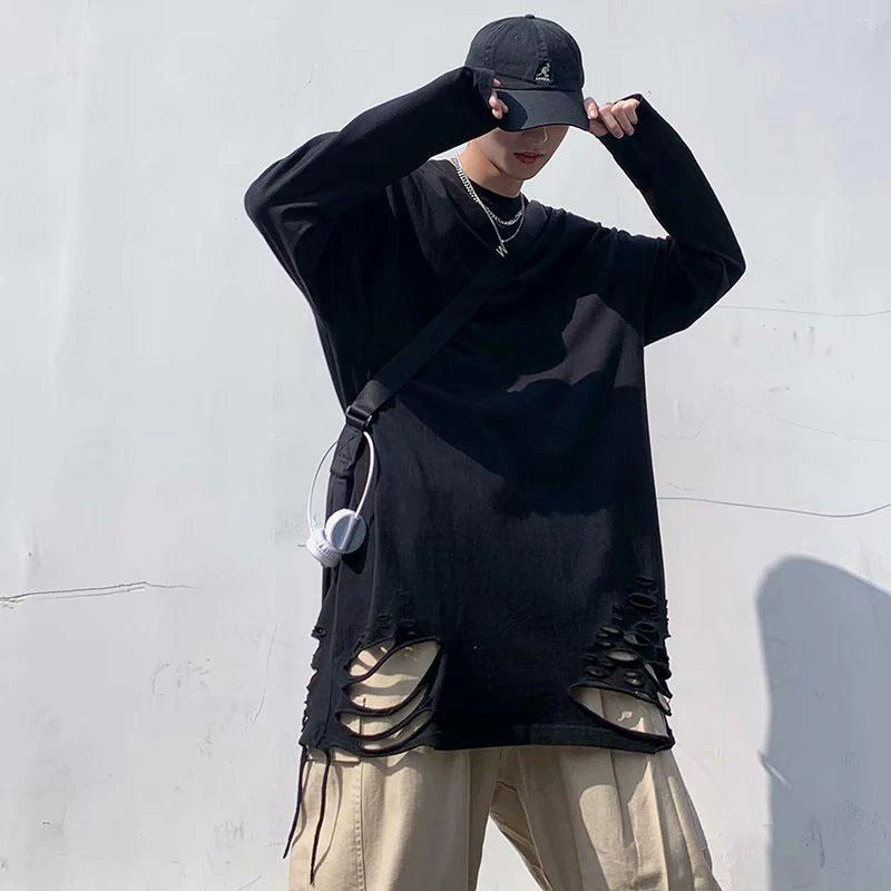 Spring Distressed Men O Neck Long Sleeve Sweatshirt Highstreet Vintage Inner Layered Hip Hop Punk Loose Clothes Tops Black White