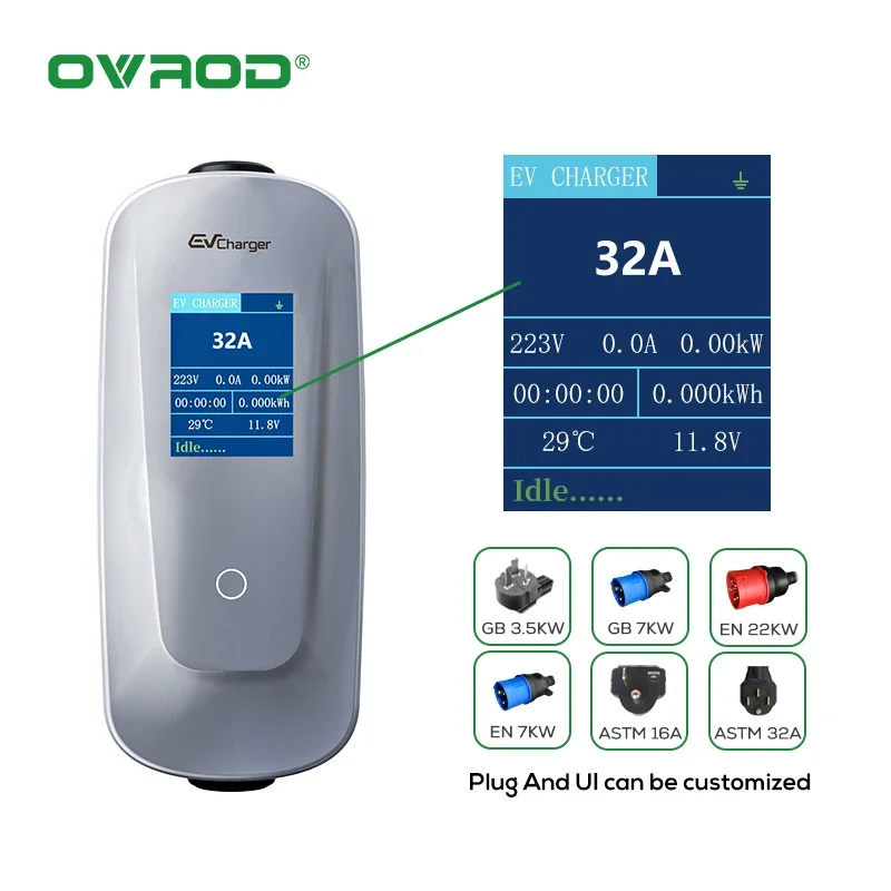 Ovrod Uk شحن ذكي Byd 22kw المستوى 2 1 المرحلة 32a سريع التيار المتناوب نوع 2 سيارة 7kw محطة المحمولة Ev شاحن