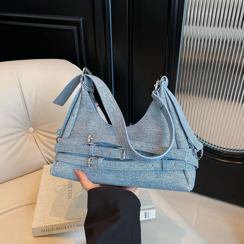 

Retro Denim Armpit Bag Motorcycle Contrasting Color Female Design Sense, Large Capacity Versatile Commuting Shoulder Bag
