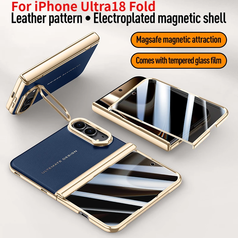 Business Plating Spring Hinge Magnetic Leather Case for iPhone Duo 18 Folding All-Inclusive Front privacy Glass Case