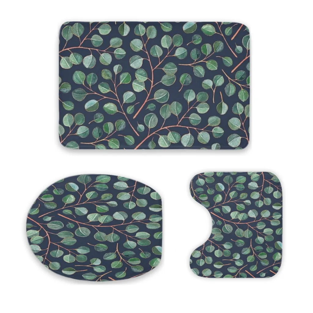 Simple Silver Dollar Eucalyptus Leaves on Navy Blue Bathroom Rugs Set 3 Piece U-Shaped Toilet Rug Soft Non-Slip Thick Bath Mat