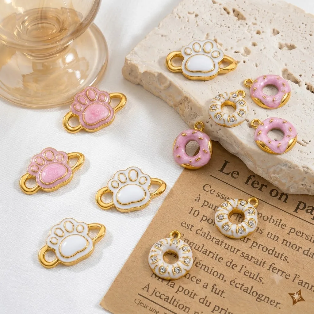 2 Stück/Set Edelstahl Rosa Emaille Pfotenabdruck Donut Anhänger Charms für DIY Armband Schmuckherstellung Zubehör Bastelzubehör – Detail 2