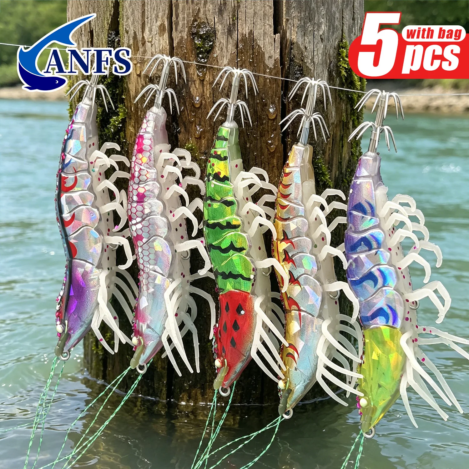 ANFS Shrimp Fishing Lures Squid Jig Shrimp Fishing Bait for Cuttlefish Octopus Fishing, 5pcs with Storage Bag