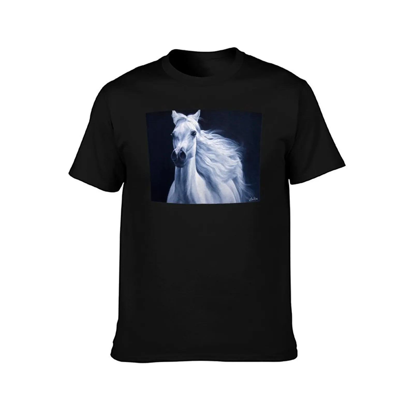 White Arabian Horse Mare Painting Out from the Night T-Shirt Plus Size Summer Casual T-Shirt