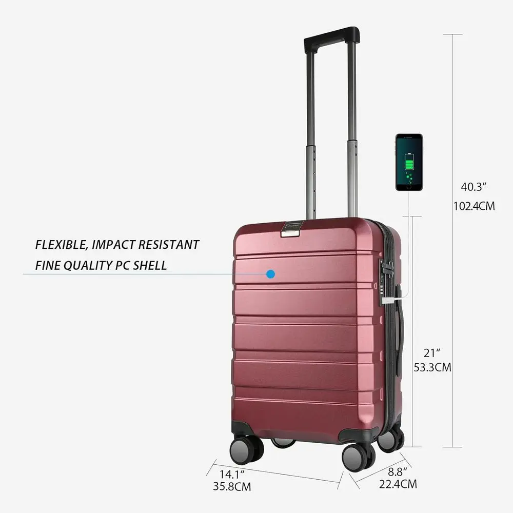 Expandable Hardside Spinner Luggage with TSA Lock, USB Port, 20 Burgundy Carry-On Suitcase