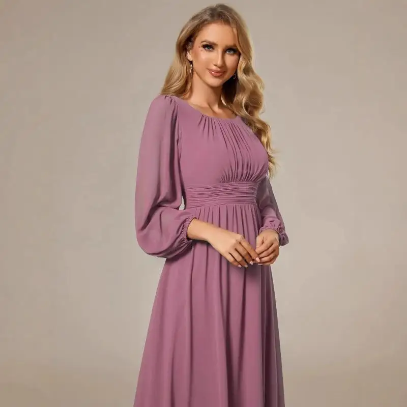Long Sleeved Temperament Simple Solid Color Slim Fit Colorful Gauze Wedding Dress Bridesmaid Party Evening Dress Customized