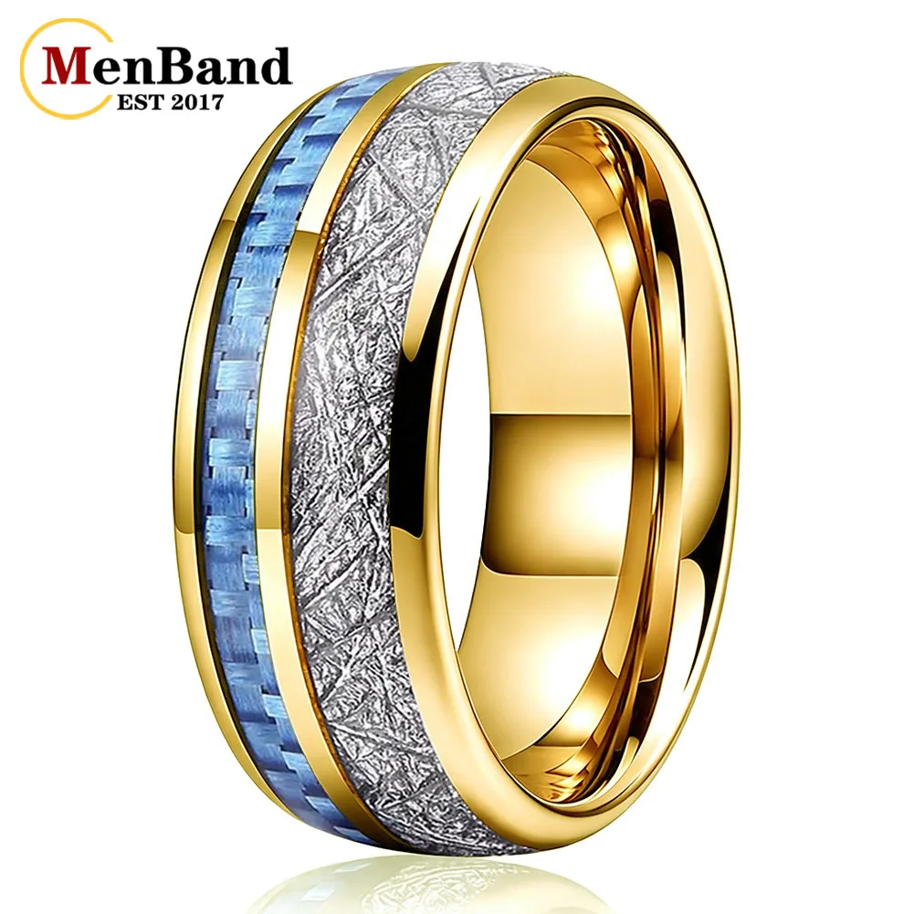 Men's 8mm Gold Tungsten Carbide Ring Blue Carbon Fiber and White Meteorite Inlay，Mens Fashion Engagement Promise Rings Jewelry